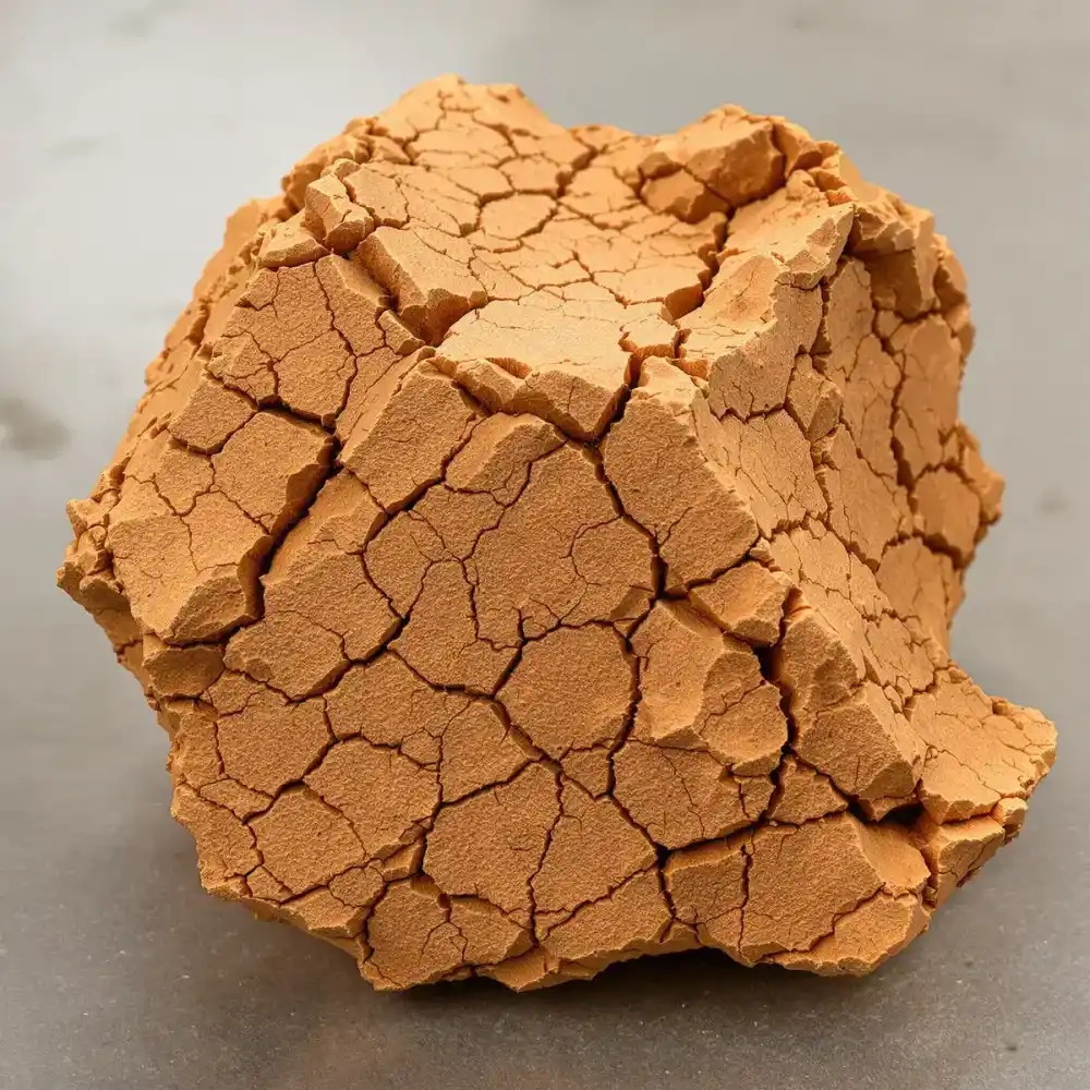 Close-up of expansive montmorillonite clay from a Kansas City excavation showing desiccation cracks that form during the summer contraction phase of the annual shrink-swell cycle, the primary driver of foundation settlement in the KC metro