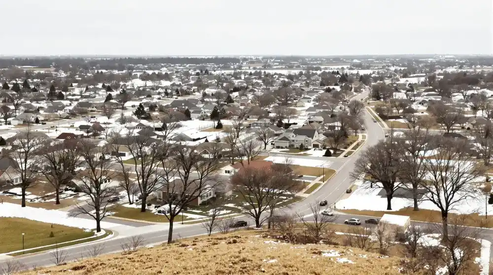 Des Moines residential neighborhood with mature trees and mid-century homes built on the Des Moines Lobe glacial till formation, where 45-60 feet of clay-rich deposits create persistent hydrostatic pressure against basement walls