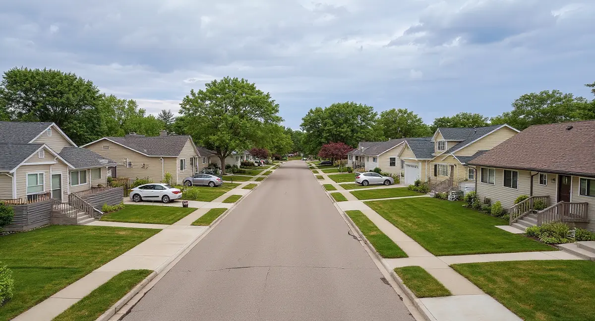 Residential neighborhood in a Des Moines suburb showing newer construction typical of Iowa's growing metro area on glacial till soil