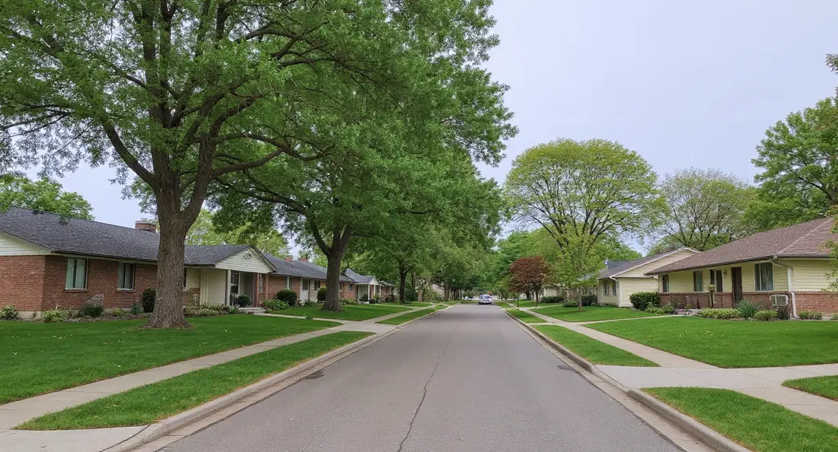 Residential street in a Kansas City suburb showing mature trees and ranch-style homes typical of the region's housing stock on Wymore-Ladoga clay soil