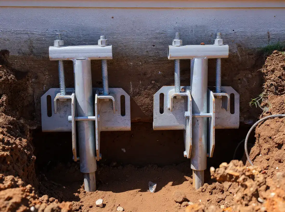 Completed push pier repair showing steel bracket neatly aligned at the foundation footing, excavation backfilled with compacted soil graded away from the house, demonstrating quality installation workmanship