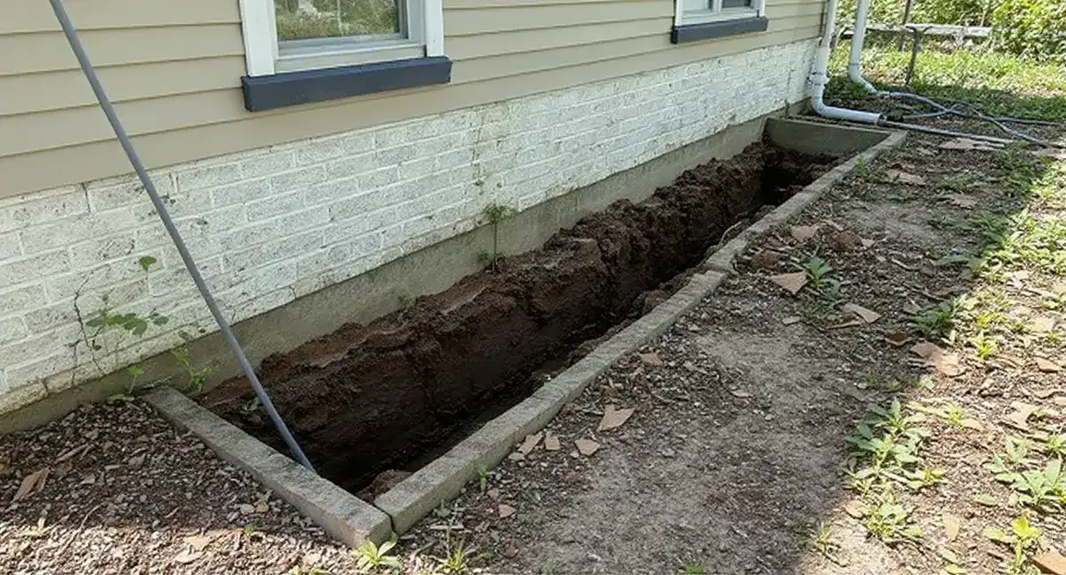 Wide view of a residential foundation repair site showing multiple excavation pits along the perimeter with steel pier brackets and equipment staged at each location, demonstrating the scope of a typical piering project
