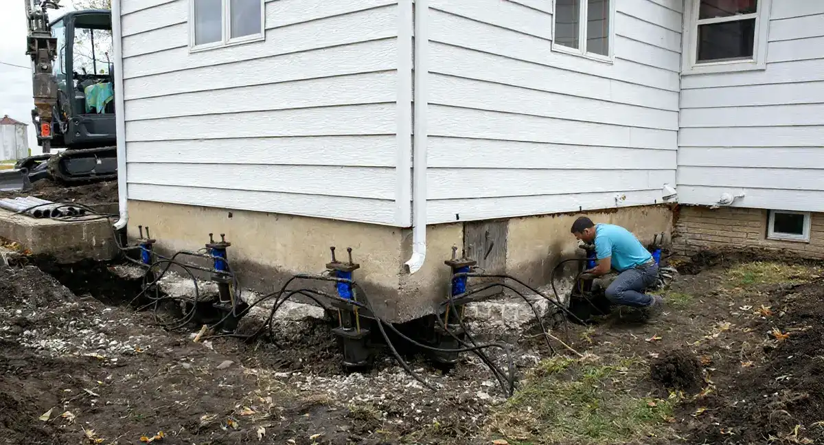 Foundation repair crew installing push piers along a residential foundation