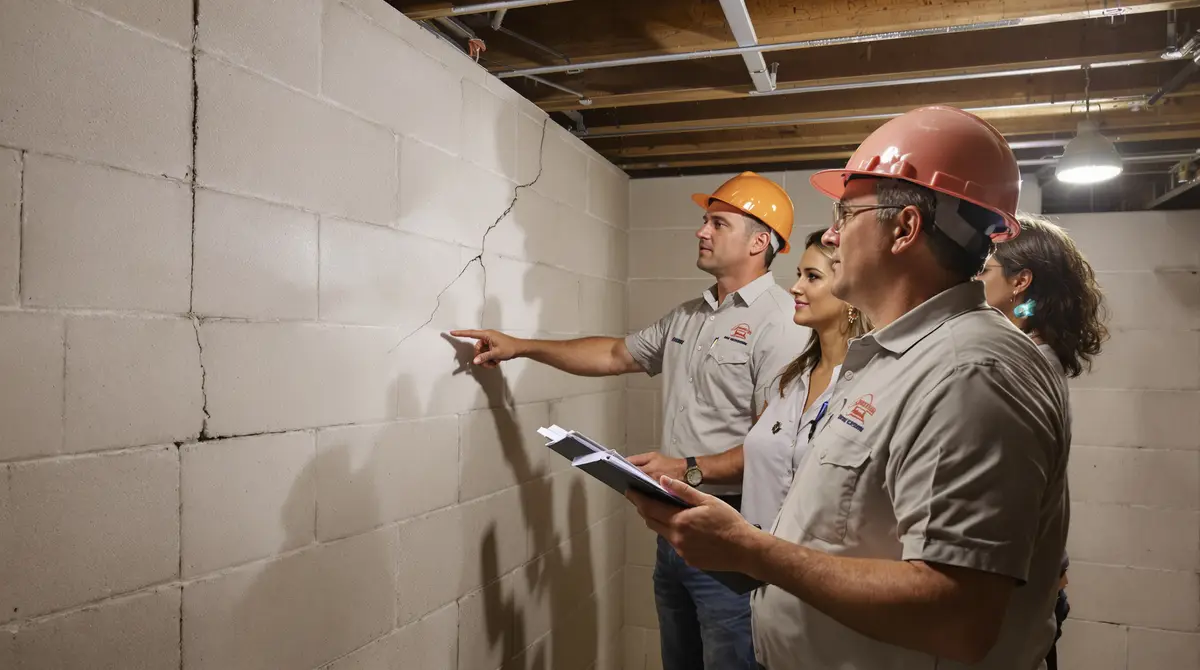 Foundation specialist discussing evaluation findings with a homeowner at a residential property, showing the on-site assessment process that includes visual inspection, crack measurements, and floor-level readings before any repair recommendation