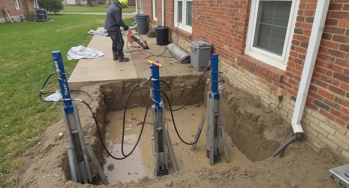 Active foundation repair scene showing multiple push pier installations at different stages along a brick ranch home, with hydraulic equipment, clay soil excavation, and staged steel pier segments