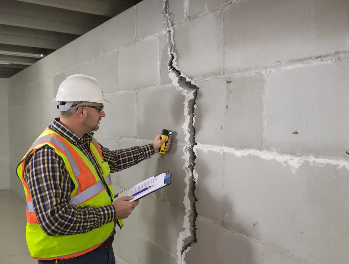 Structural engineer inspecting a basement wall crack with measurement tools