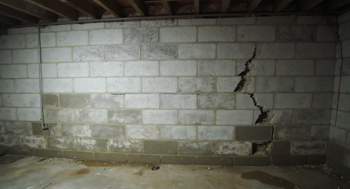 Basement wall showing horizontal crack with inward deflection and stair-step crack through mortar joints, demonstrating two distinct failure modes visible in the same foundation