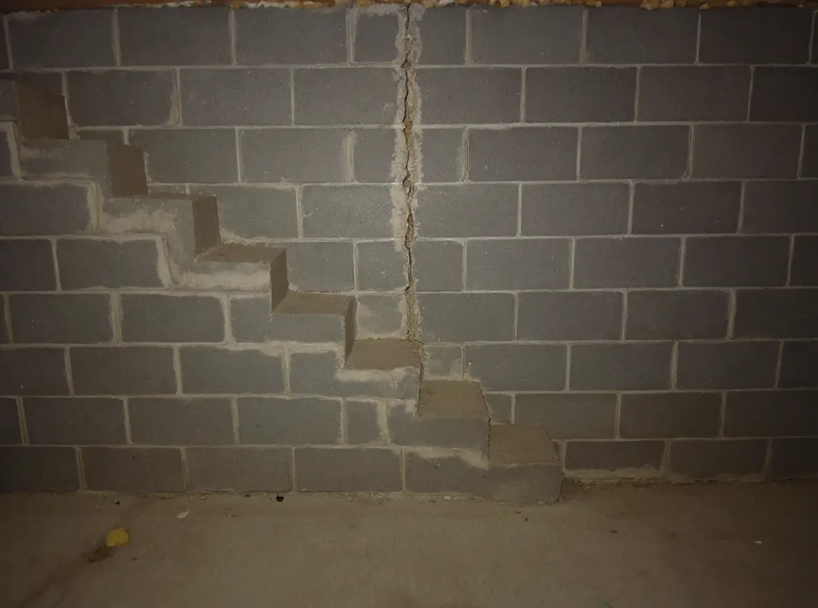 Stair-step crack following mortar joints in a concrete block basement wall at 45 degrees with efflorescence, showing the most common structural crack pattern in 1960s Midwest homes