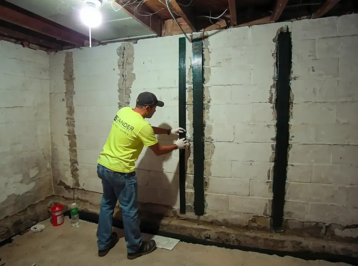 Worker's gloved hands pressing carbon fiber fabric into wet epoxy adhesive on a basement wall surface during installation, with roller tool and mixing supplies nearby