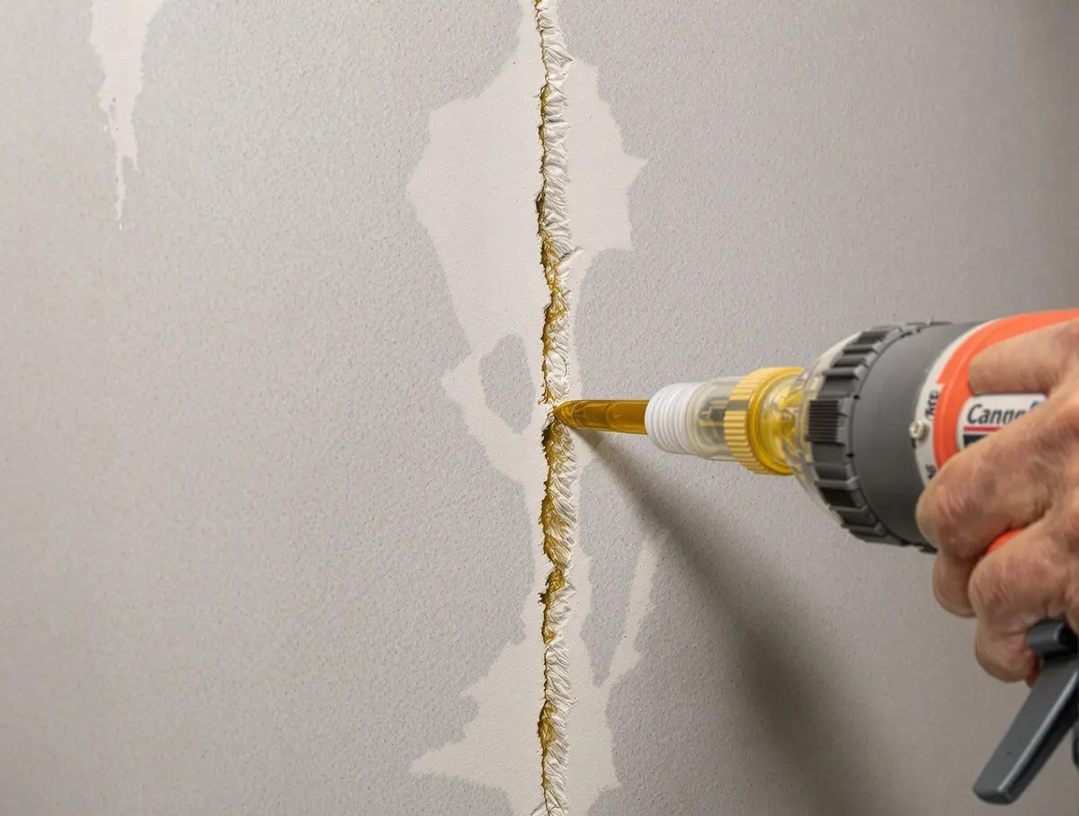 Epoxy crack injection ports spaced along a vertical crack in a poured concrete basement wall, with resin injected under pressure to bond the crack faces from interior surface to exterior face for structural repair