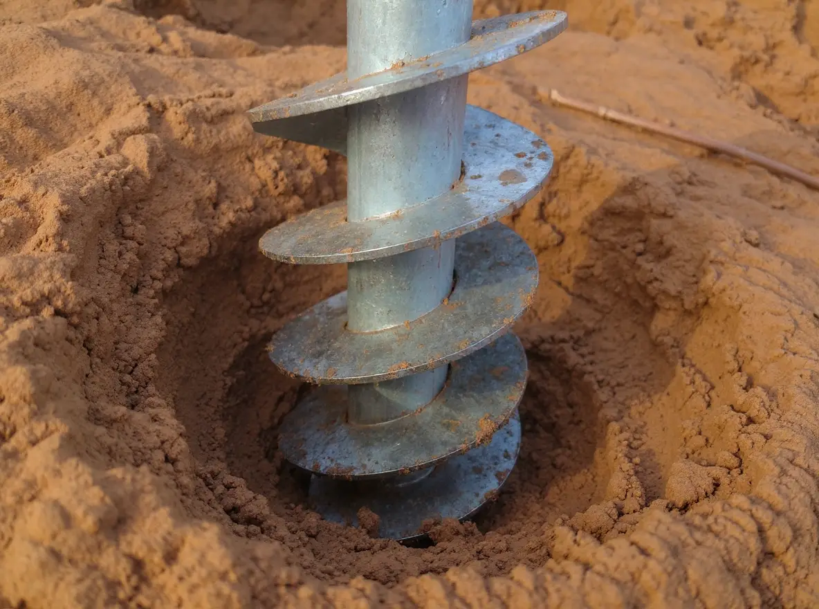 Close-up of helical pier shaft showing spiral helix plates welded to steel shaft, partially driven into reddish-brown Midwest clay soil at the drive point