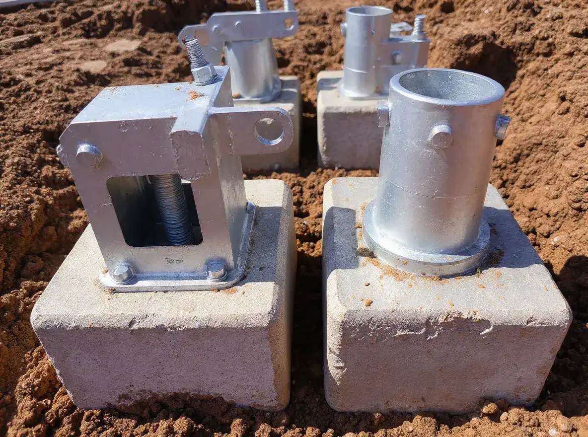 Close-up comparing helical pier bracket with square shaft pocket against push pier bracket with cylindrical tube sleeve, both bolted to concrete foundation footing