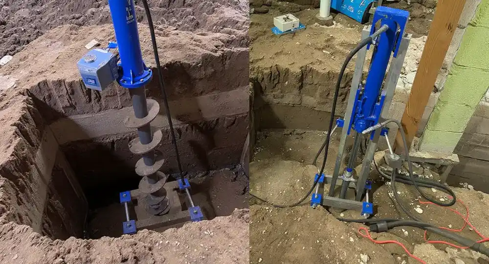 Side-by-side comparison of helical pier with spiral plates and torque motor versus push pier with steel tubes and hydraulic ram, both mounted to foundation brackets showing the two primary underpinning methods
