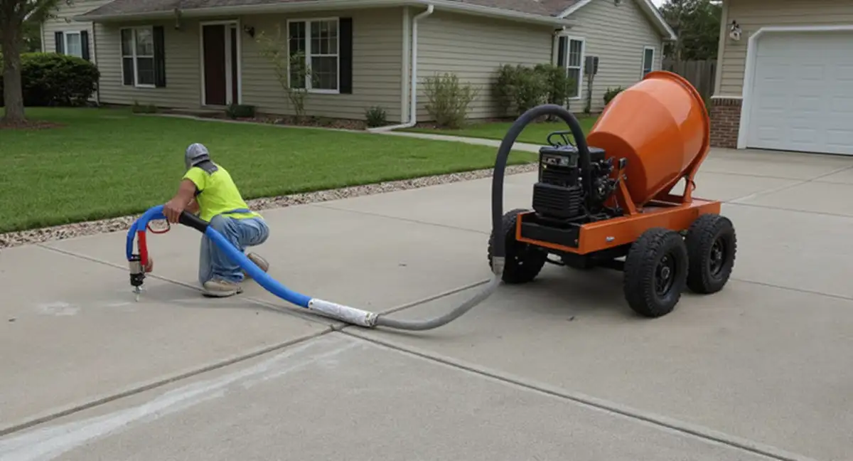 Equipment comparison showing compact polyjacking injection rig with foam canisters next to larger truck-mounted mudjacking pump with concrete slurry mixer