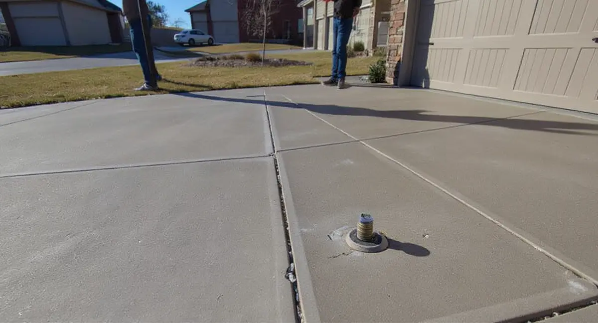 Side-by-side comparison of polyjacking injection port (penny-sized precision fitting) versus mudjacking hole (2-inch rough-drilled opening) in concrete slabs, showing the less-invasive polyjacking approach