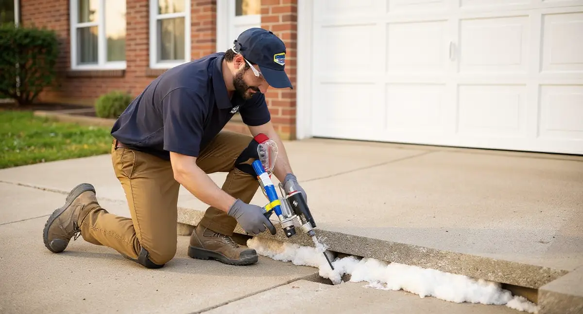 Polyurethane foam being injected through a small drilled hole in a concrete driveway slab to lift a settled section, with portable injection pump and hoses visible
