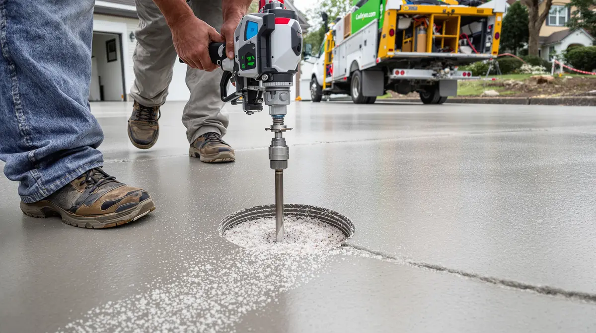 Polyurethane foam being injected through a penny-sized hole drilled in a settled concrete slab, showing the expanding foam filling voids beneath the surface to lift the slab back to level without full replacement
