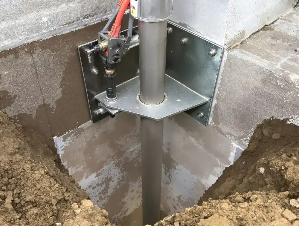 Close-up of a push pier bracket assembly bolted to a concrete foundation footing with the steel pier tube extending into Kansas City clay soil, showing how the home's weight drives the pier to limestone bedrock at 15-25 feet