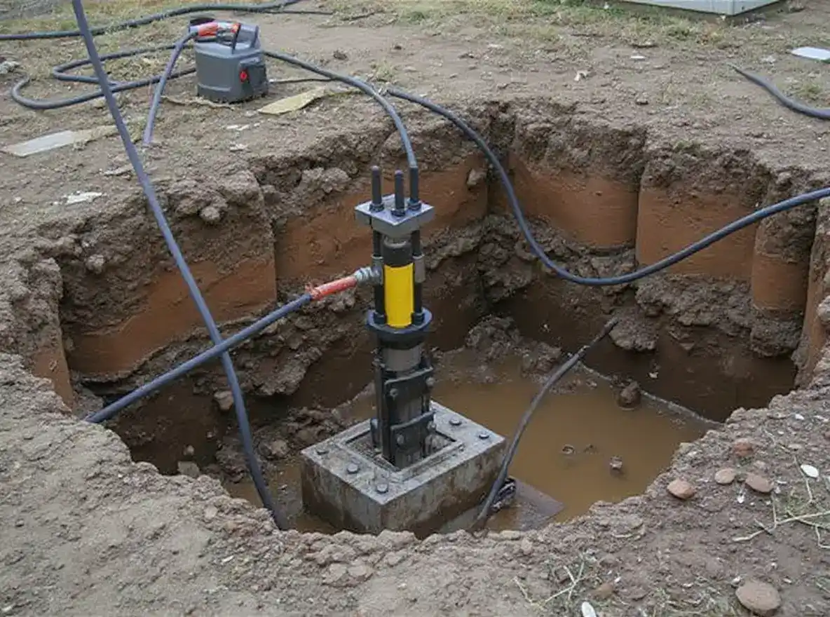 Hydraulic ram driving a steel push pier tube into clay soil through a bracket mounted to an exposed concrete footing, with reddish-brown Midwest clay visible in the 4-foot excavation trench