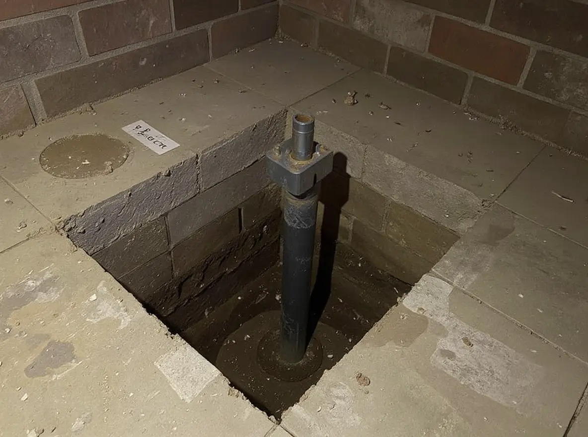 Square cut in a basement concrete slab revealing a push pier bracket installed through the opening, with the pier shaft extending into soil below — the interior access method for stabilizing settled basement floors