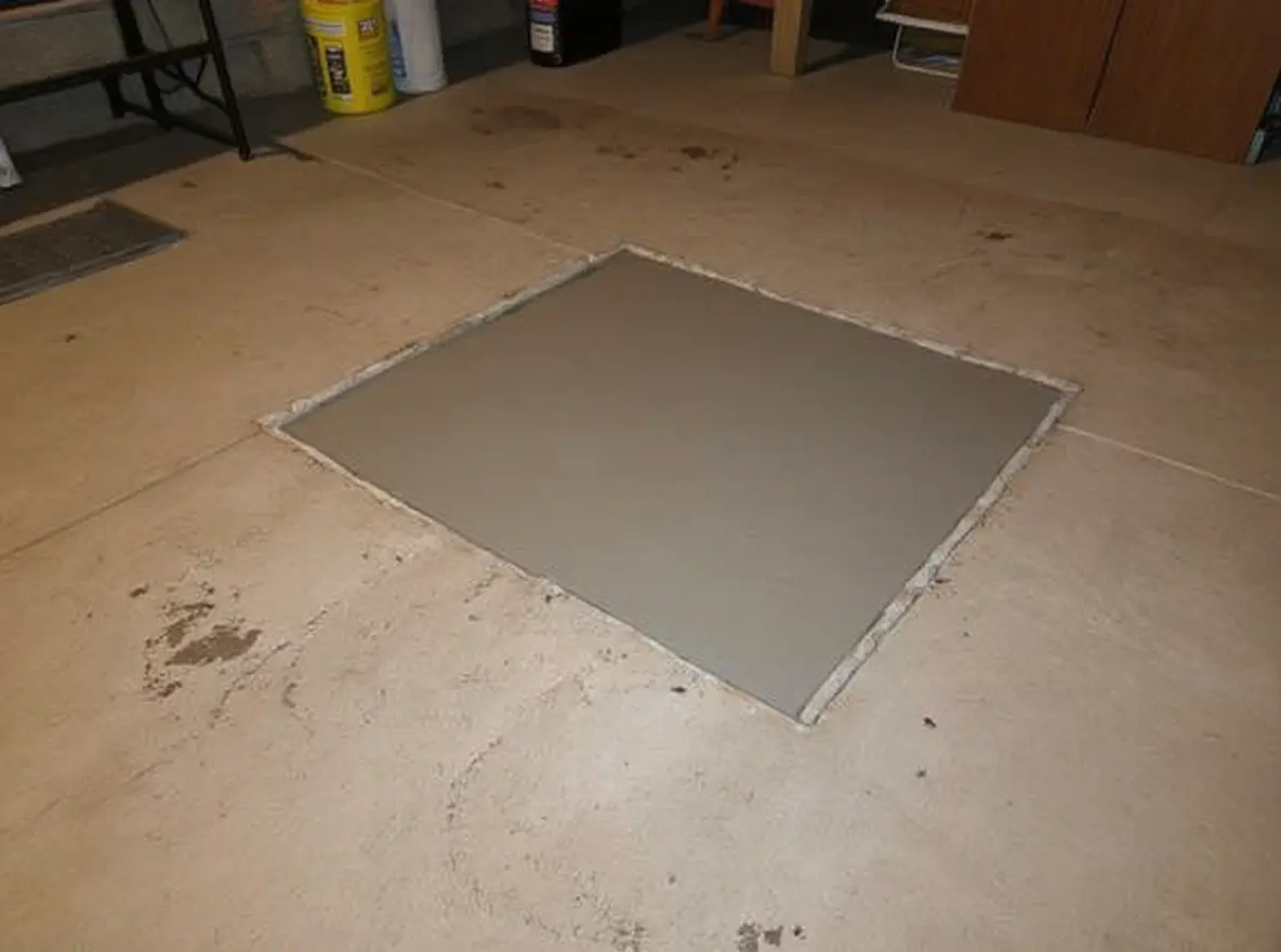 Basement floor with freshly patched concrete where a slab pier was installed, showing the pier cap flush with the floor surface beneath the repair — minimal visible evidence of the structural work