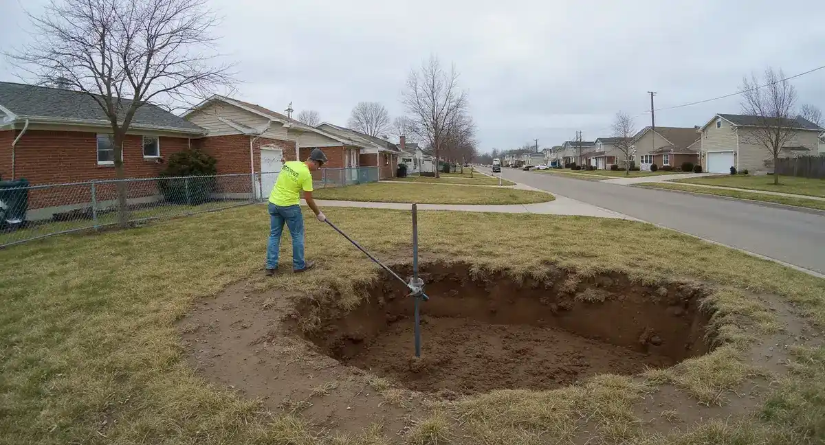Exterior view of wall anchor installation showing buried earth anchor plate in excavated trench beside residential foundation with steel rod extending toward basement wall