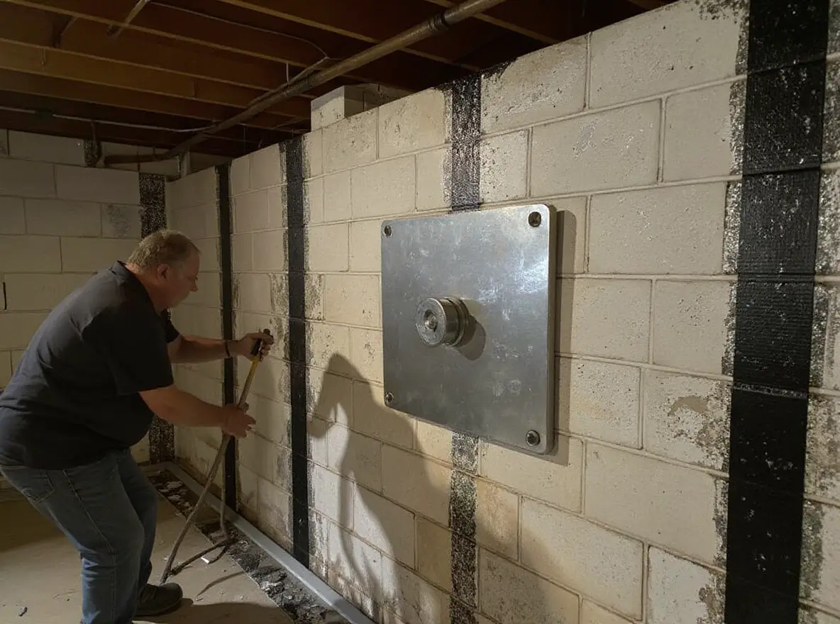 Wall anchor interior plate being tightened on a concrete block basement wall — steel rod extends through the wall and soil to a buried anchor plate, bridging a horizontal crack