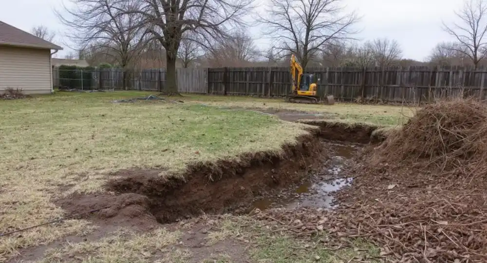Full-depth exterior excavation alongside a residential foundation exposing the entire failed wall from grade to footing for demolition and replacement — the scope of major structural work