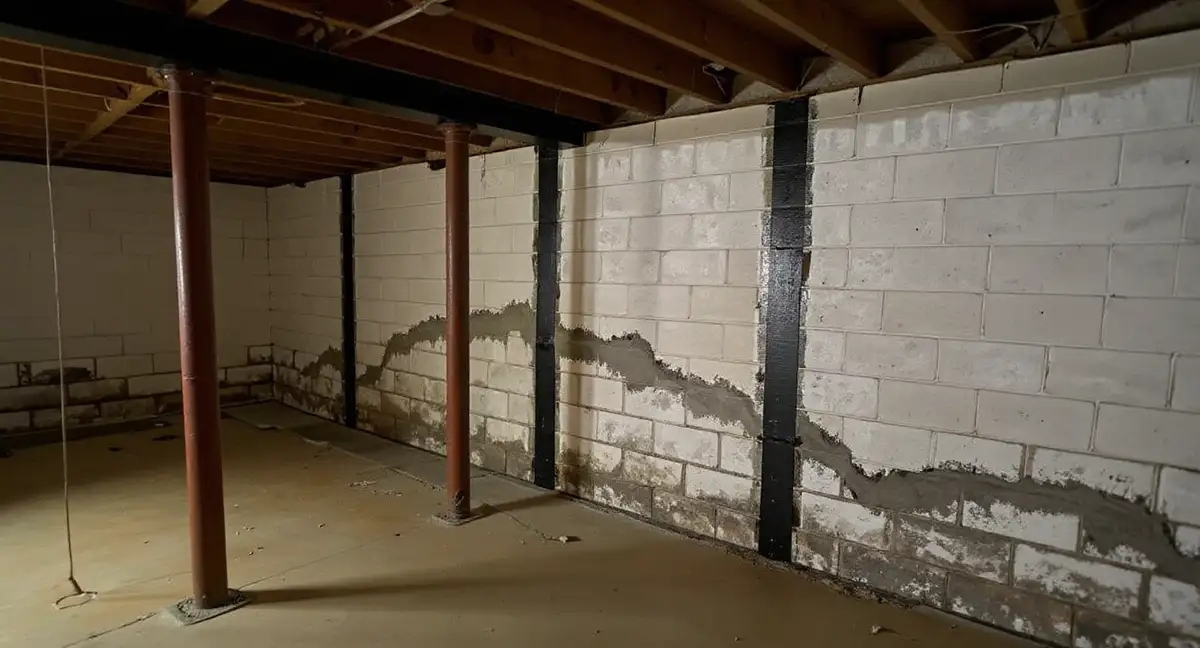 Severely bowed concrete block basement wall with temporary steel shoring braces supporting the floor structure above — the wall has failed beyond repair and requires full replacement