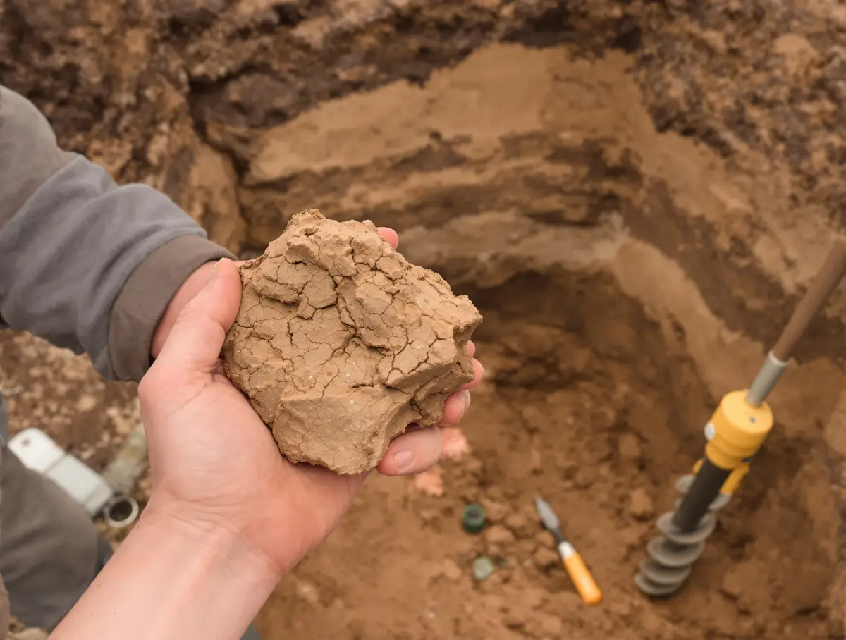 Close-up of Kansas City Wymore-Ladoga clay soil showing desiccation cracks and shrinkage patterns that develop during dry periods, illustrating the 60-80% clay content responsible for foundation movement in Midwest homes