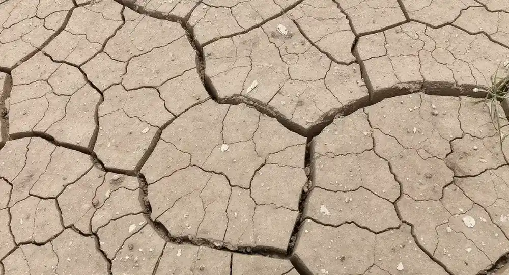 Macro close-up of dry cracked Midwest Wymore-Ladoga clay soil showing deep desiccation cracks in a polygonal pattern, demonstrating the contraction phase that removes support from foundation footings