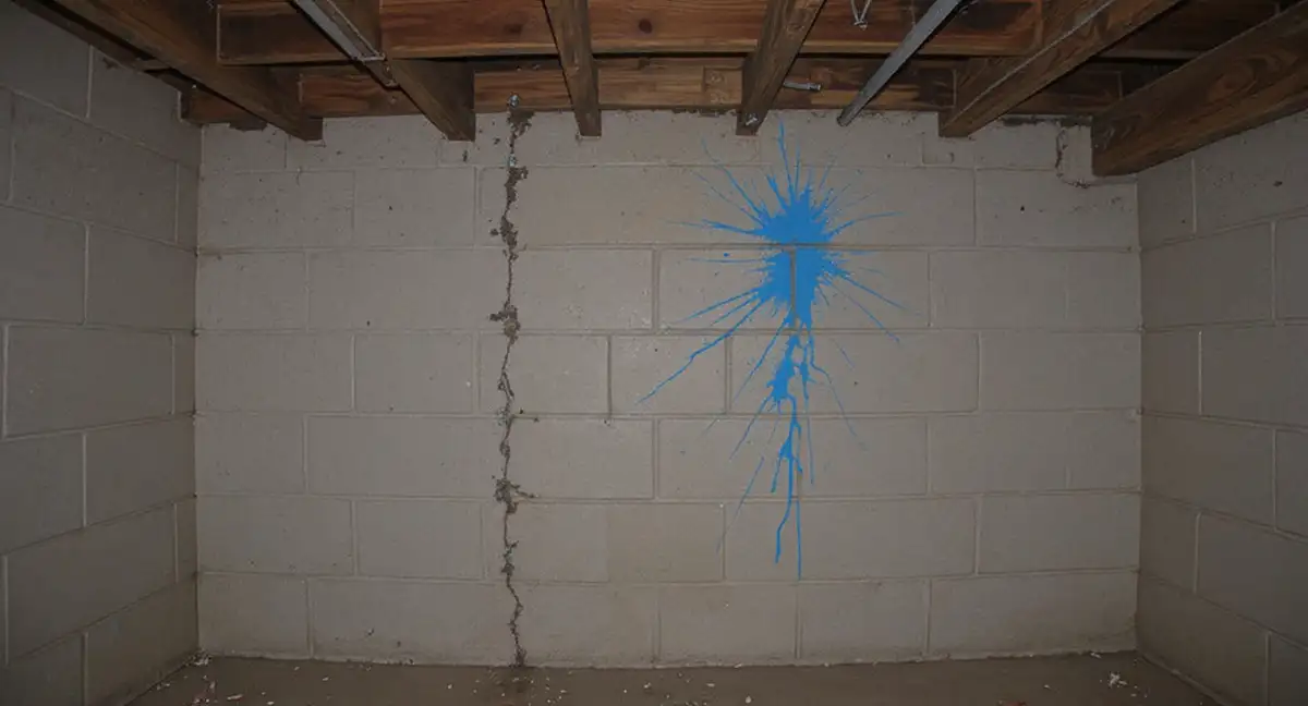 Concrete block basement wall showing horizontal crack at mid-height with visible inward deflection, water staining, and moisture seepage at the floor joint from sustained hydrostatic soil pressure