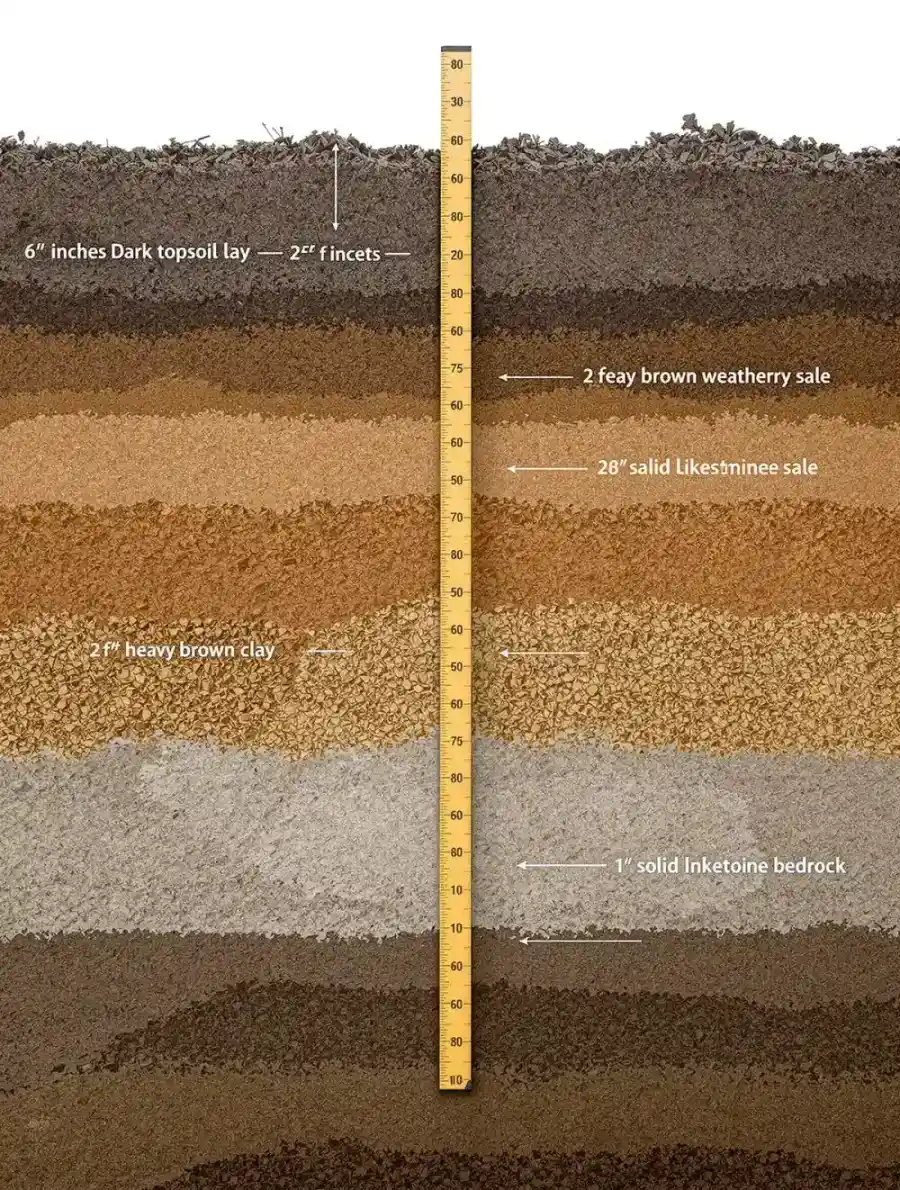 Exposed soil profile showing distinct geological layers from topsoil through expansive clay to bedrock, illustrating how frost penetration depth affects foundation stability in the Midwest