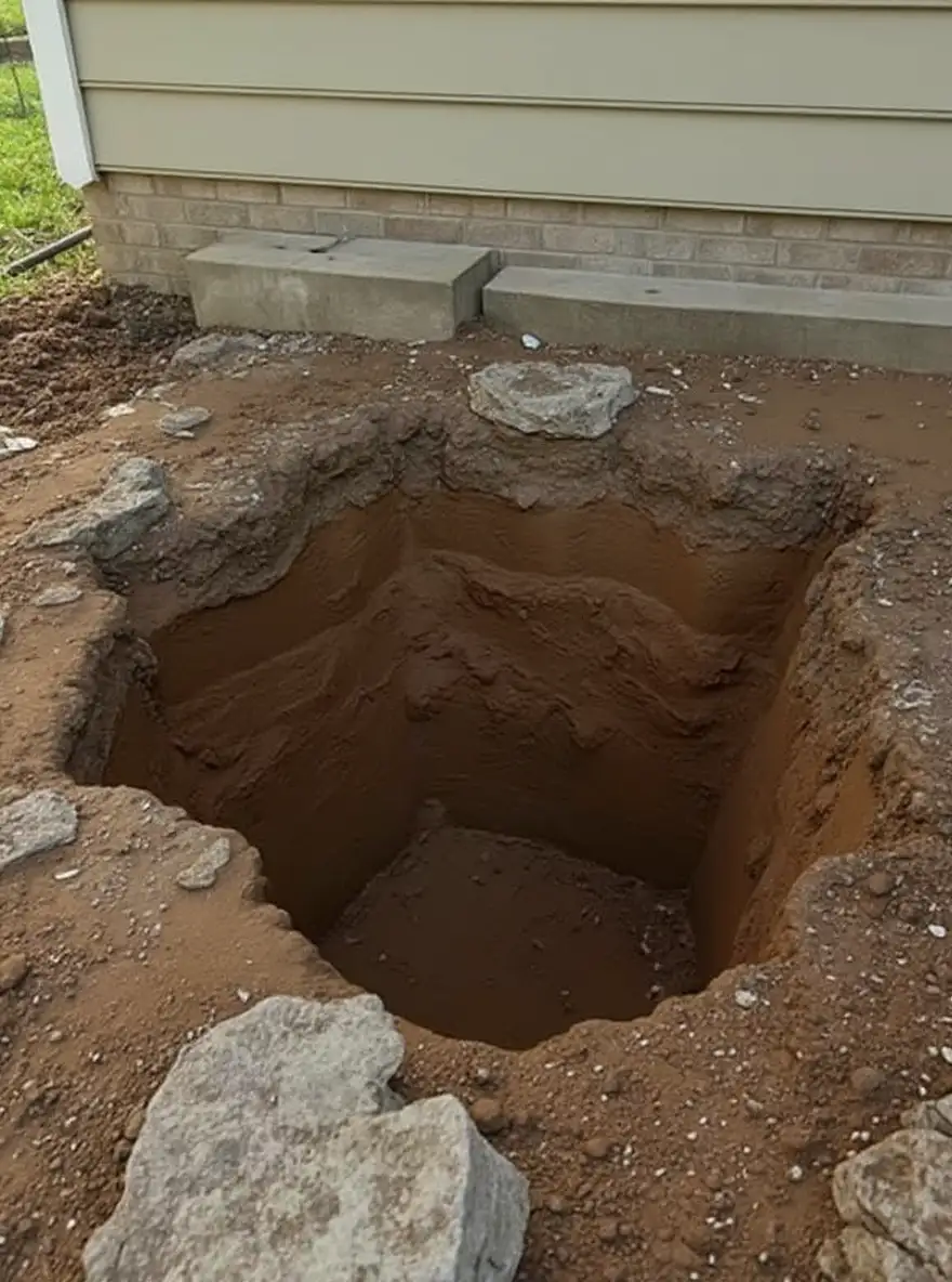 Excavation alongside a residential foundation revealing distinct soil layers — dark topsoil, thick orange-gray expansive clay, and weathered limestone bedrock — the strata that push piers must reach for stable bearing