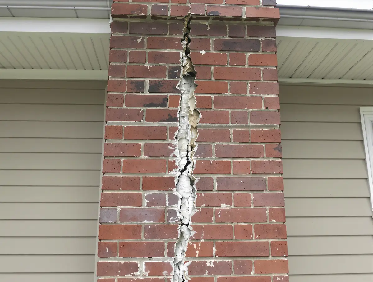 Visible gap between a brick chimney and the exterior wall of a 1960s ranch home showing approximately 1 inch of differential settlement where the chimney's independent footing has settled at a different rate than the main foundation on Kansas City clay soil