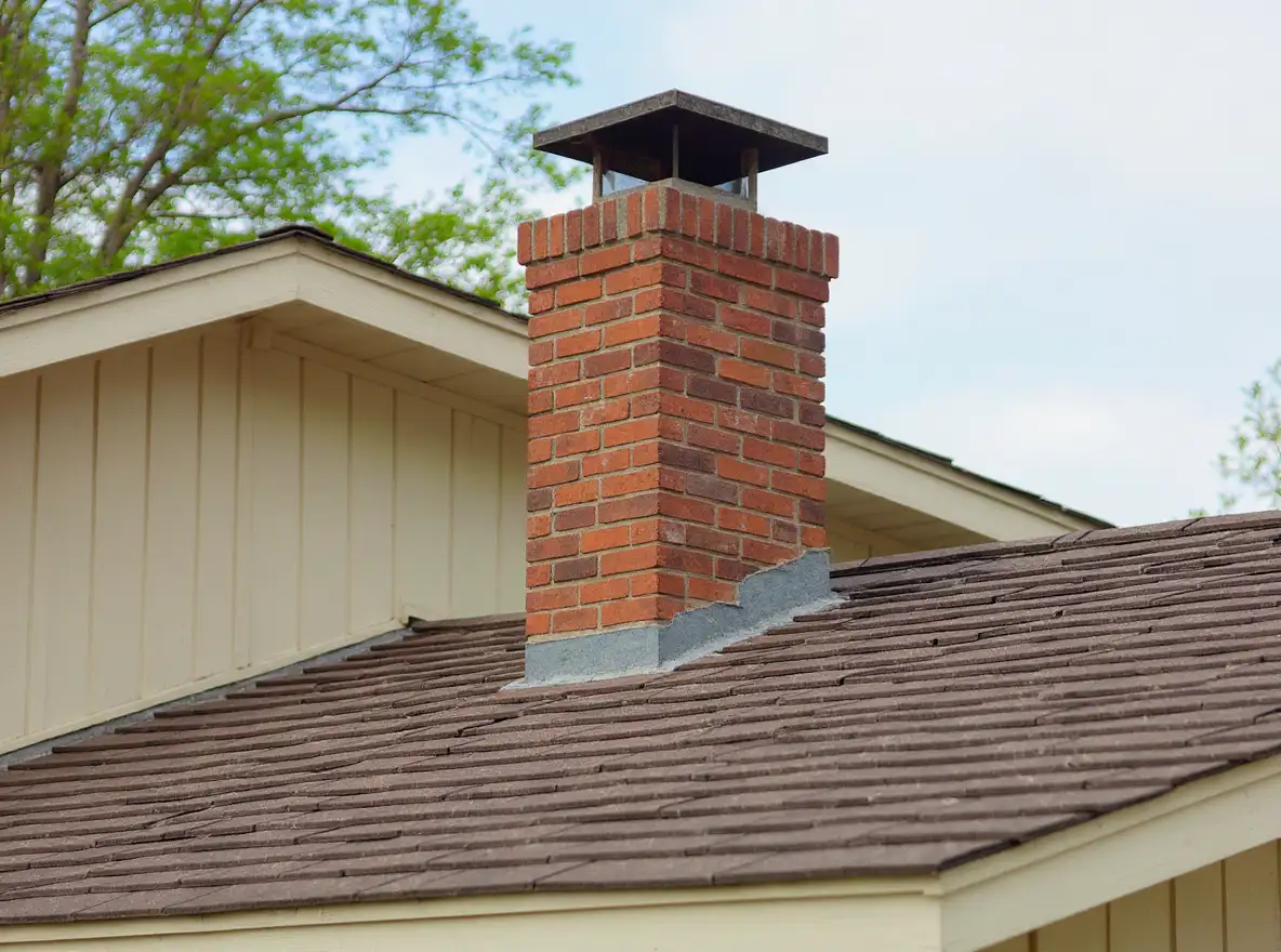 Brick chimney pulling away from the side wall of a 1960s ranch home with a 1-inch gap between chimney masonry and house siding, showing differential settlement