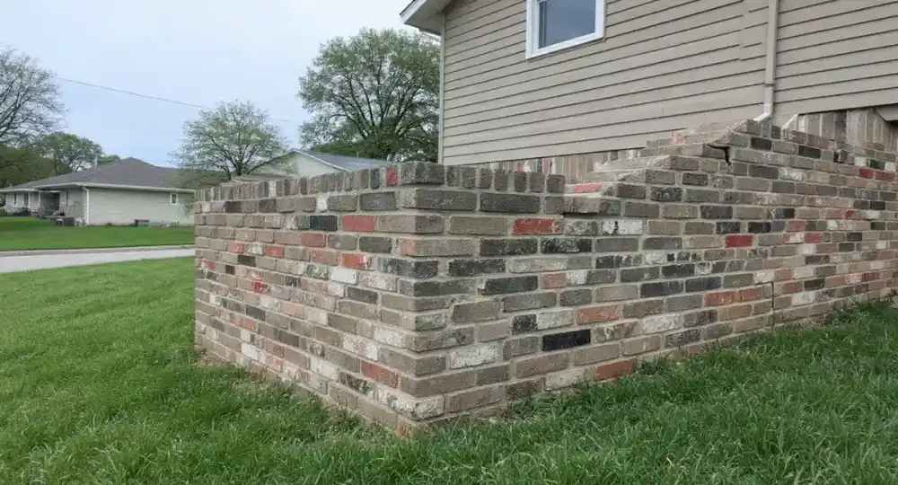 Exterior brick foundation wall showing diagonal crack stepping through mortar joints from a window corner, widening away from the stress point on a 1960s Midwest ranch home