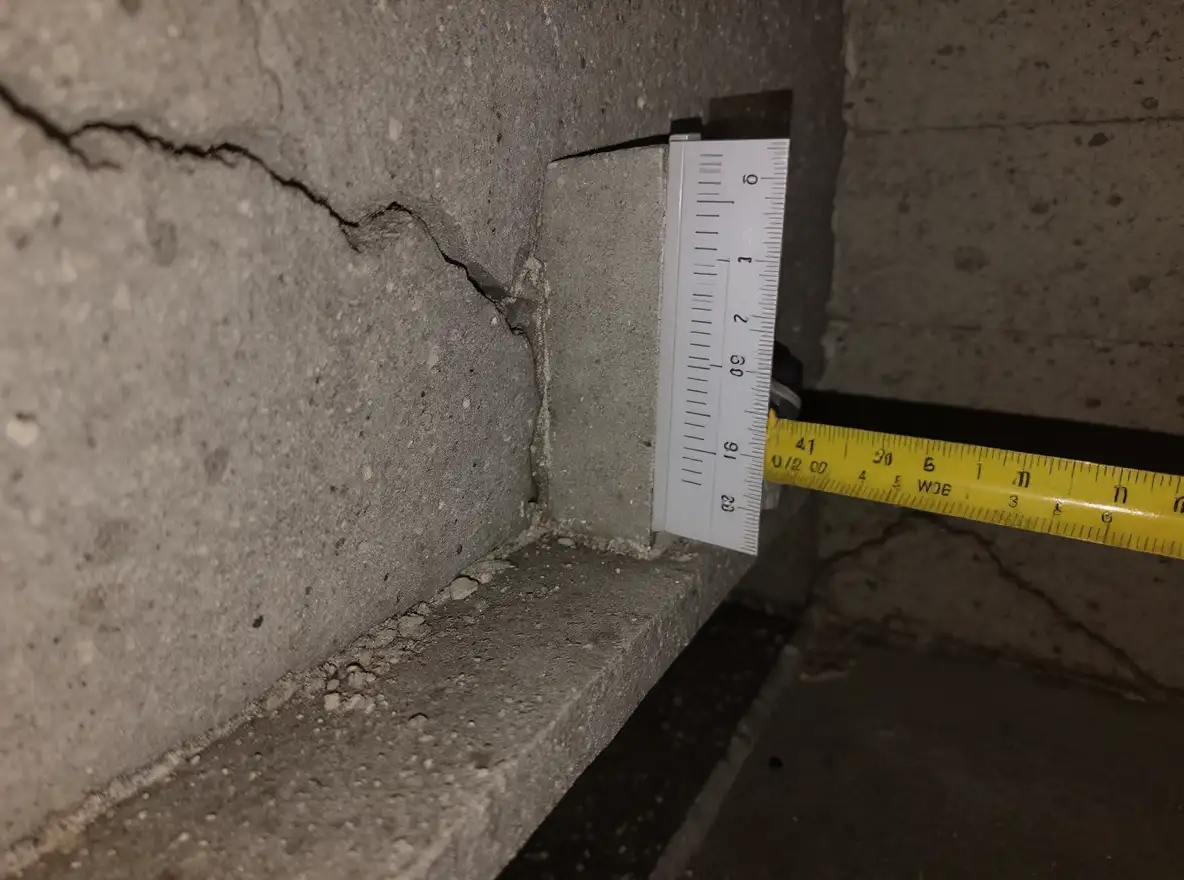 Crack monitor gauge mounted across a 1/4-inch foundation wall crack to track width changes and lateral displacement over seasonal cycles