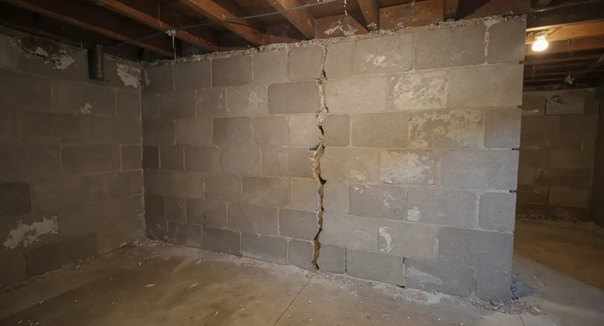 Concrete block basement wall showing multiple foundation crack types — stair-step through mortar joints and horizontal at mid-height — common in 1960s Midwest homes on expansive clay soil