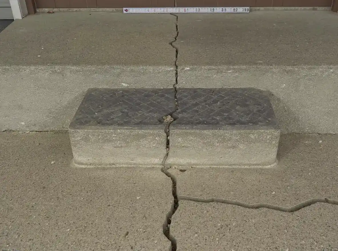 Close-up of cracked garage floor slab with multiple cracks radiating from a settlement point, one section visibly lower creating a trip hazard step
