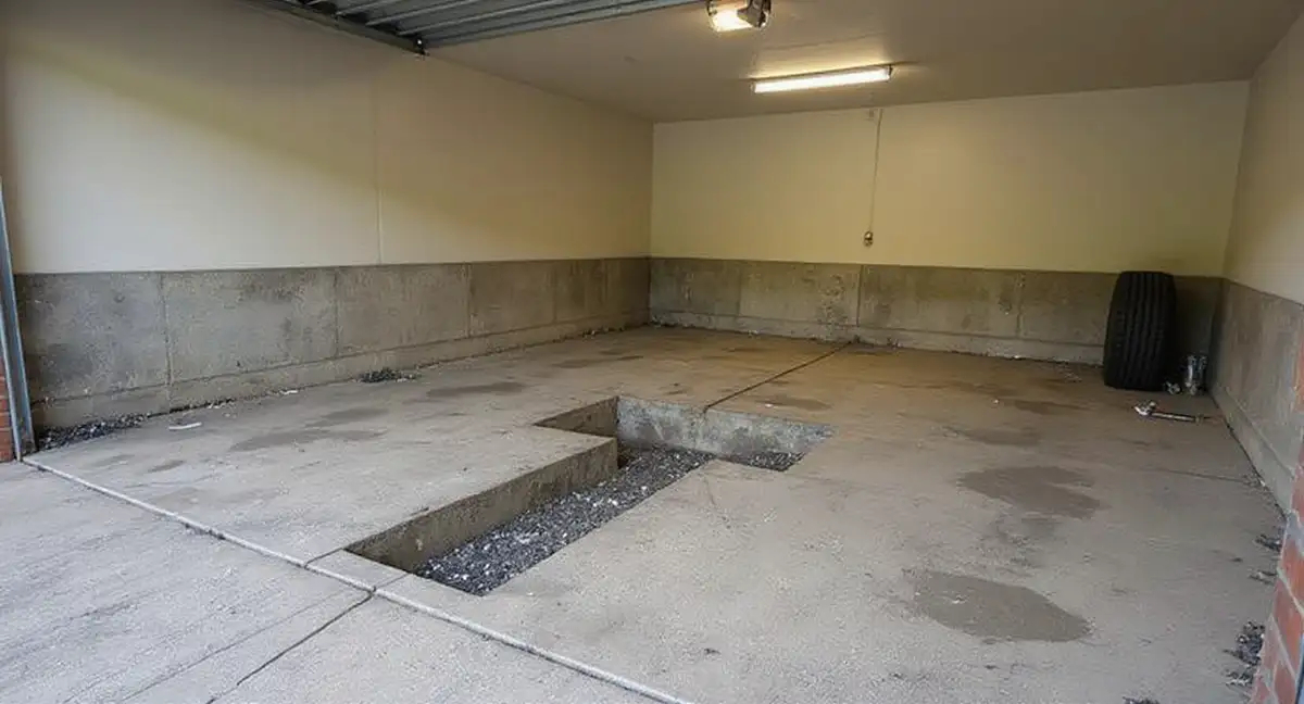 Garage interior showing concrete slab sunken 1-2 inches below the foundation wall with visible separation gap and cracks across the floor surface from soil settlement