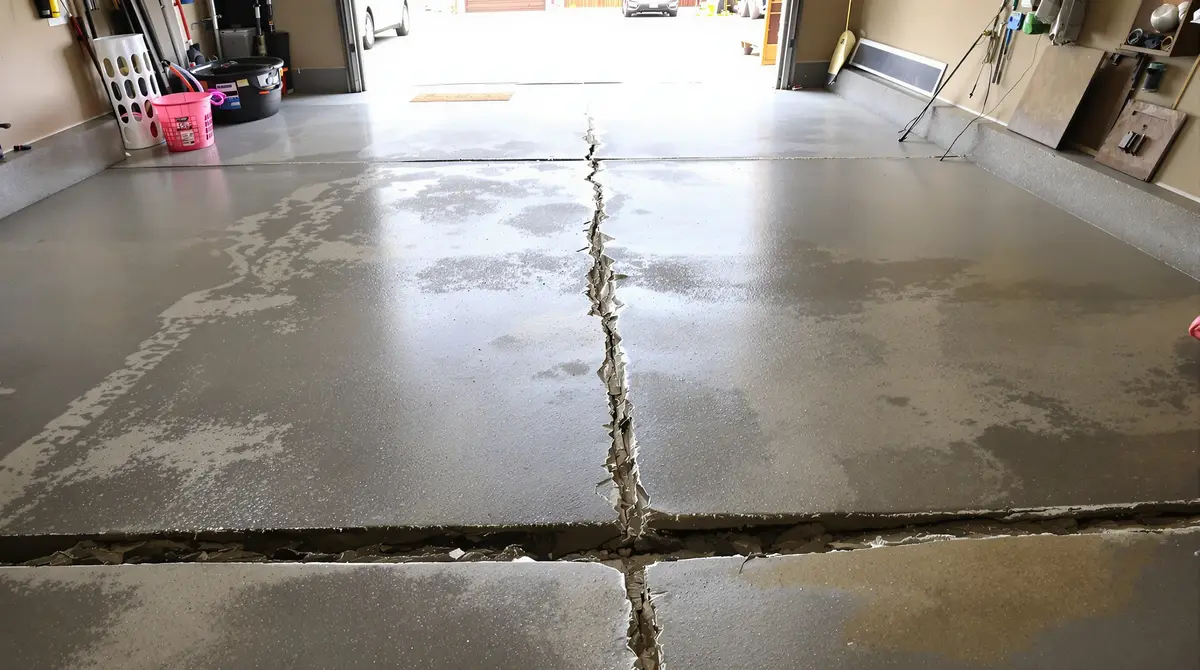 Garage floor concrete slab sinking 1-2 inches away from the foundation wall with a visible separation gap, showing how inadequately compacted fill soil beneath the 4-inch slab compresses over time in Midwest homes