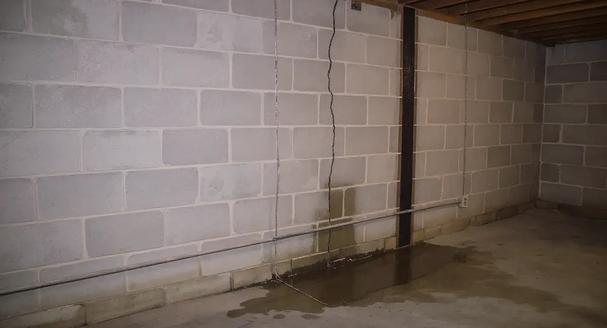 Full basement wall view showing horizontal crack with visible inward bowing above the fracture line, demonstrating how lateral soil pressure deforms concrete block walls over time