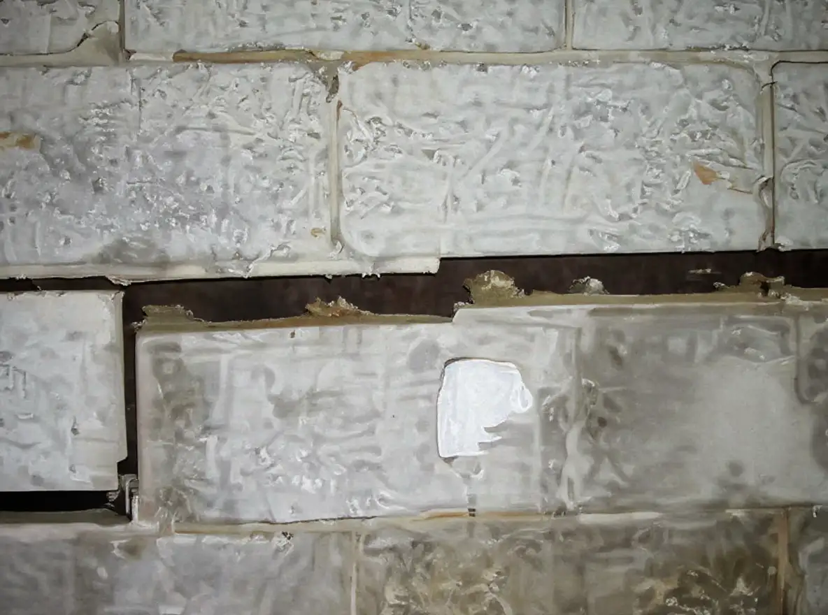 Horizontal crack at mid-height of a concrete block basement wall showing 1-inch inward deflection from lateral soil pressure, with efflorescence and mineral staining along the fracture line