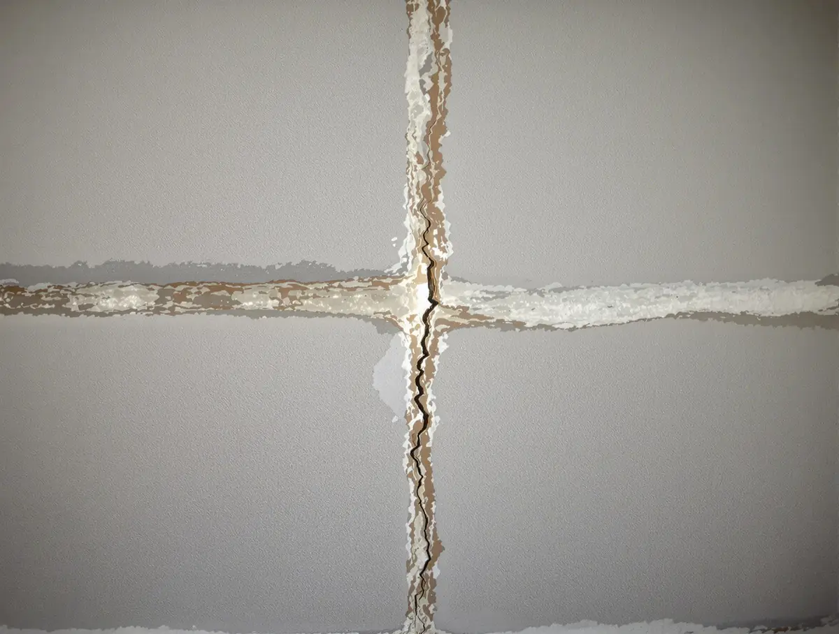 Horizontal crack running across a concrete block basement wall at mid-height showing approximately 1 inch of inward deflection and white efflorescence deposits, indicating lateral soil pressure exceeding the wall's structural capacity in a Midwest home on expansive clay