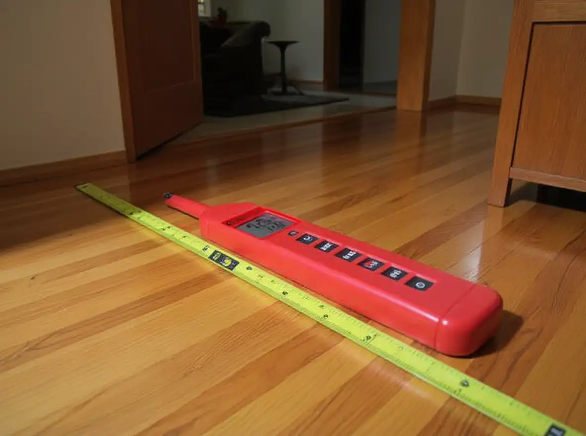 Carpenter's level placed on hardwood flooring showing off-center bubble demonstrating floor slope from foundation settlement in a mid-century Midwest home