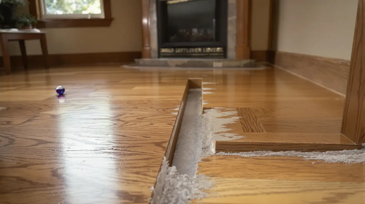 Hardwood floor in a mid-century Midwest home with visible slope demonstrated by a marble rolling toward the exterior wall, confirming foundation settlement that a 4-foot level or digital inclinometer would measure at more than 1/4 inch per 10 feet