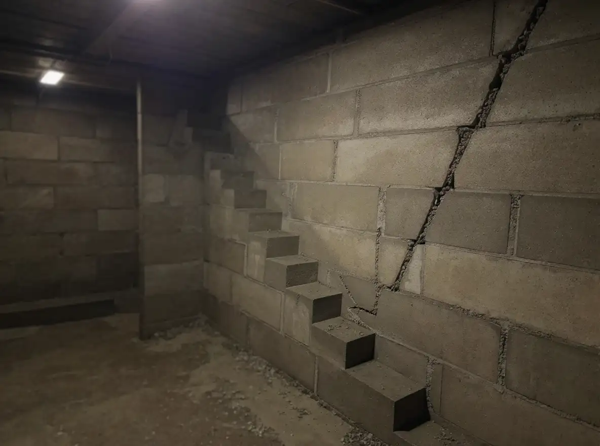 Stair-step crack following mortar joints in a concrete block basement wall at approximately 45 degrees, showing 1/4-inch width with efflorescence along crack edges
