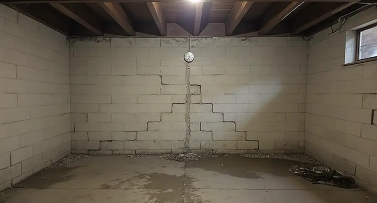 Wide view of stair-step crack propagation across multiple courses of a CMU basement wall showing differential settlement pattern from floor to sill plate