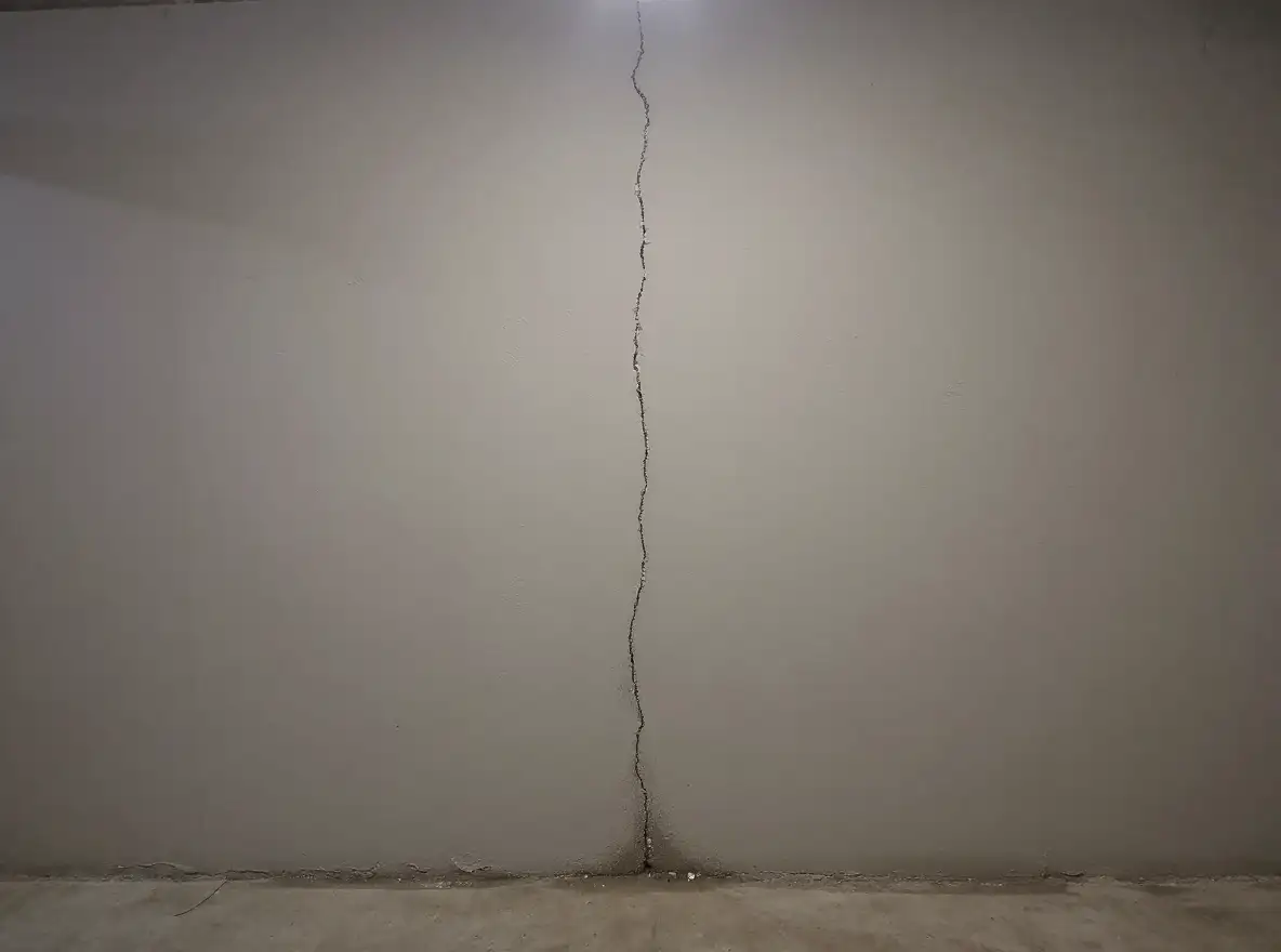 Hairline vertical crack in a poured concrete basement wall running floor to ceiling with uniform width, typical of concrete curing shrinkage rather than structural movement